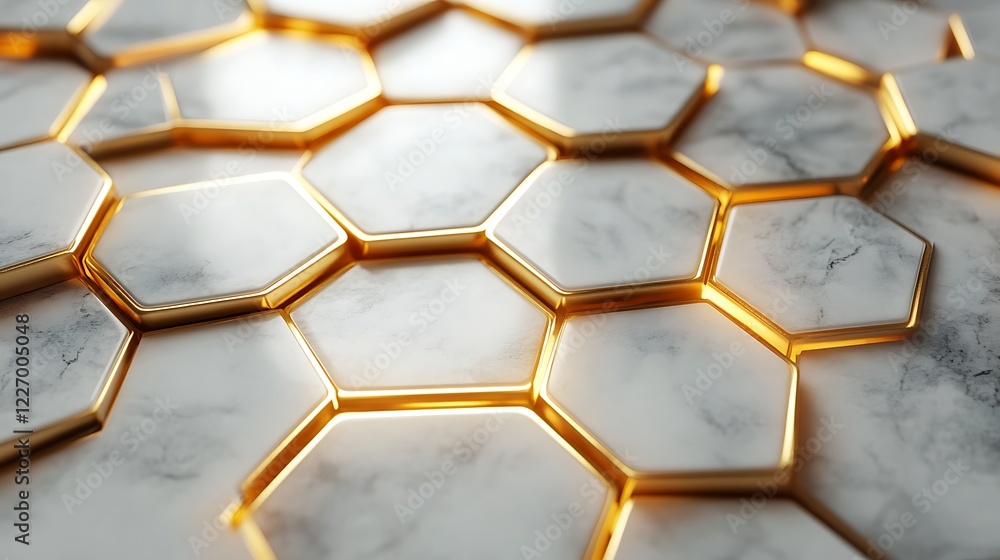 Poster 3d white and gold color hexagon tiles pattern shape background