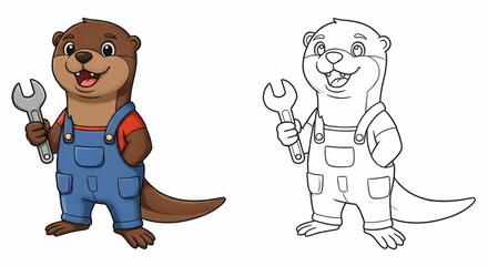 otter in overalls holding a wrench with coloring page outline version