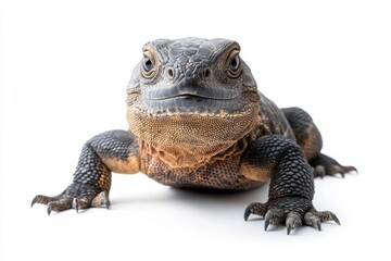 Obraz premium Close-up of a lizard, dark scales, white background.