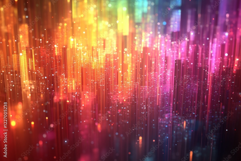 Poster colorful abstract design with vertical lines and sparkling particles depicting a vibrant digital lan