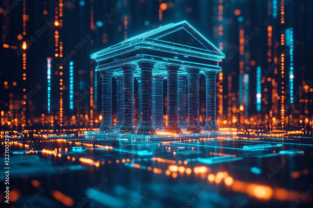 Poster Digital representation of a classical building amidst a backdrop of glowing data streams and circuits