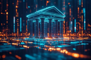 Digital representation of a classical building amidst a backdrop of glowing data streams and circuits