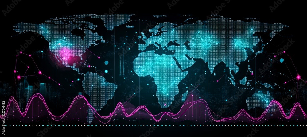 Poster global financial data visualization, abstract world map with line graphs and data points