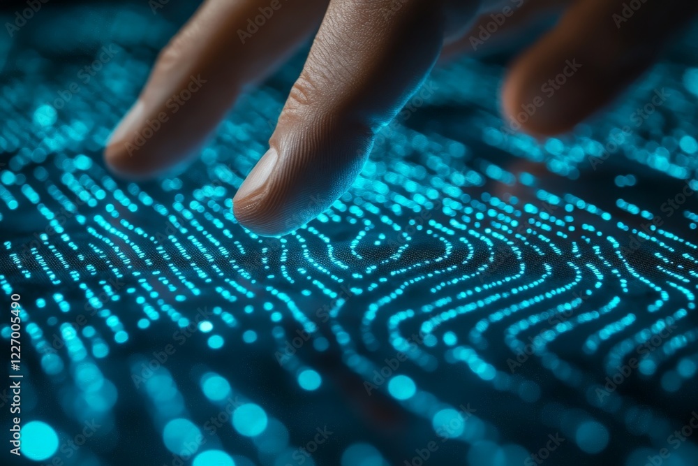 Aufkleber finger touches glowing blue data patterns on a dark surface in a modern digital environment