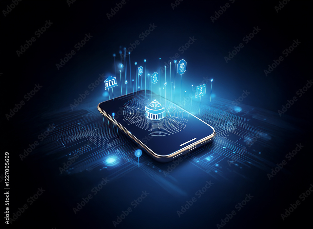 Poster a smartphone displays a futuristic digital interface, showcasing secure online banking and financial