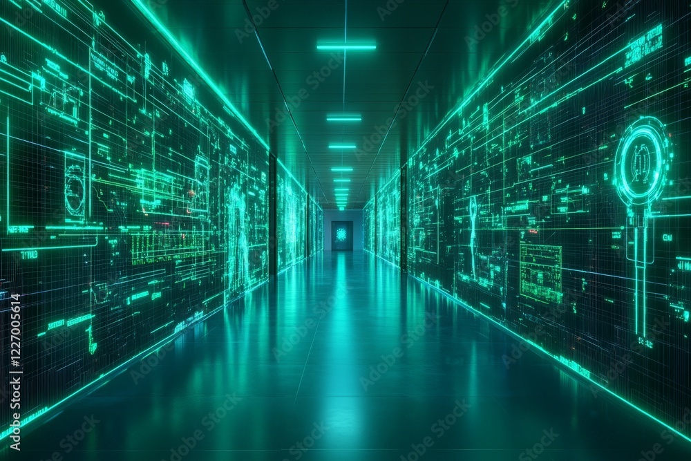 Leinwandbilder futuristic corridor illuminated with neon lights and digital projections in a high-tech environment