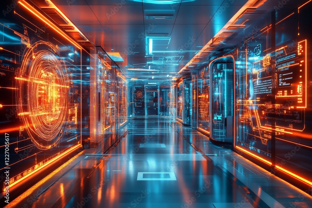 Poster futuristic corridor illuminated with neon lights and digital screens showcasing advanced technology