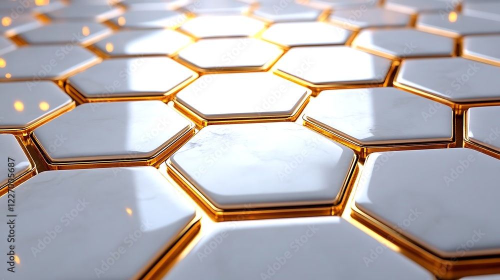 Poster 3d white and gold color hexagon tiles pattern shape background