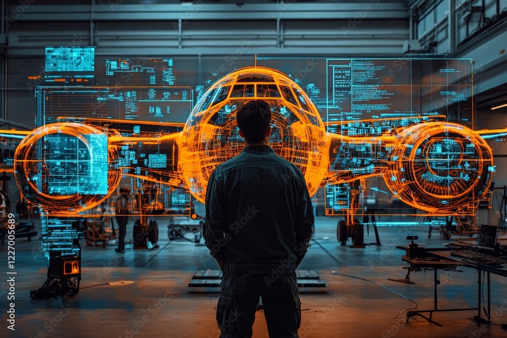 Poster engineer analyzes technical data on holographic display in advanced aircraft facility