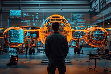 Engineer analyzes technical data on holographic display in advanced aircraft facility