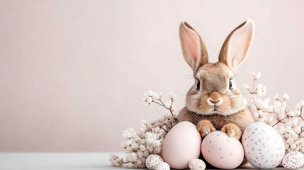 Obraz premium Easter party concept. Composition of easter bunny and eggs on pastel background with copyspace template for greetein card