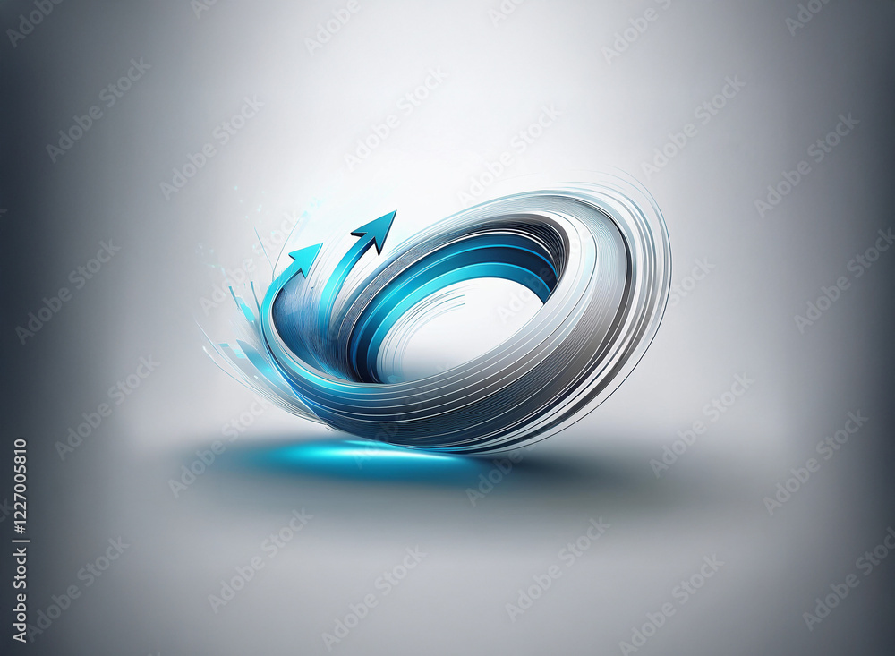 Poster abstract 3d rendering of a swirling, ring-like form with dynamic blue arrows, suggesting growth and 