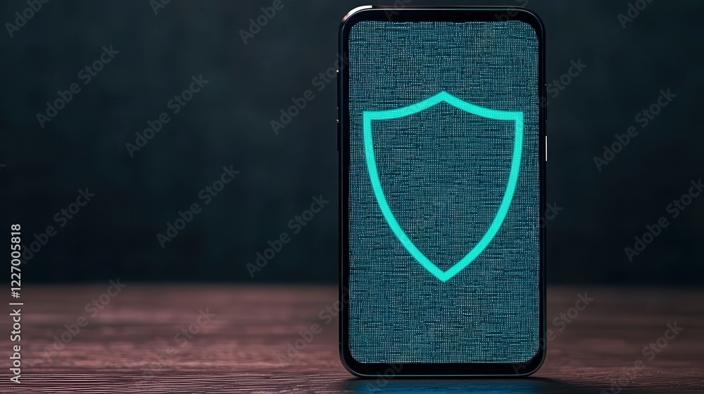 Aufkleber spam call phone security concept. smartphone displaying a digital security shield on a textured back