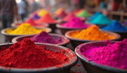 Multicolor powder bowls, vibrant and festive, Holi celebration energy captured