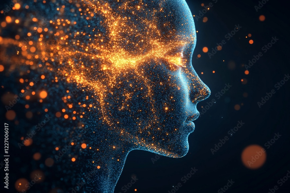 Poster artificial intelligence personification in a glowing blue and orange silhouette with sparkling parti