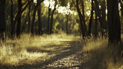 Fototapeta premium Golden sunlight illuminates a tranquil forest path, evoking peace and natural harmony.