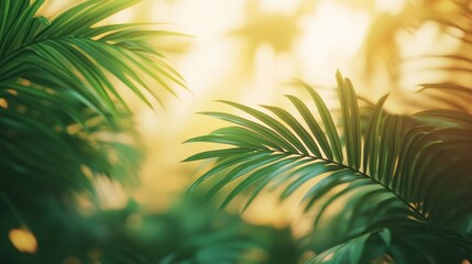Obraz premium Tropical palm leaves sunset background, summer vacation