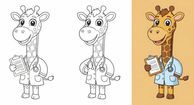 giraffe doctor with stethoscope and clipboard coloring pages for kids