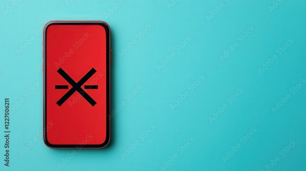 Poster spam call phone security concept. red smartphone on a blue background with a symbol in the center.