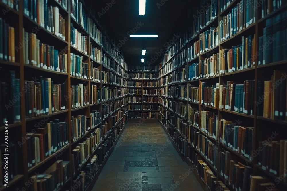 Poster long corridor lined with bookshelves in a dimly lit library during late evening hours