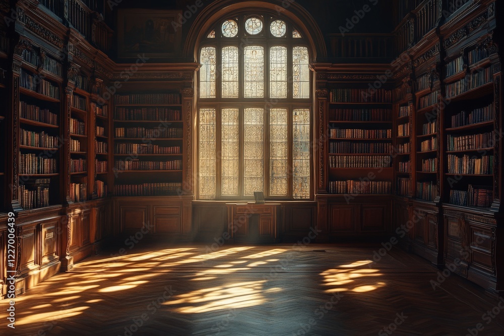 Poster light streaming through a grand window in an old library filled with books and wooden shelves during