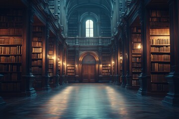 Majestic library interior with towering bookshelves and warm lighting capturing the essence of knowledge