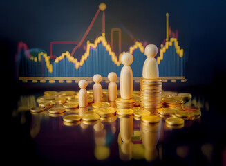 Wooden figures of varying heights stand on stacks of gold coins against a backdrop of fluctuating stock market graphs, symbolizing financial growth and generational wealth.