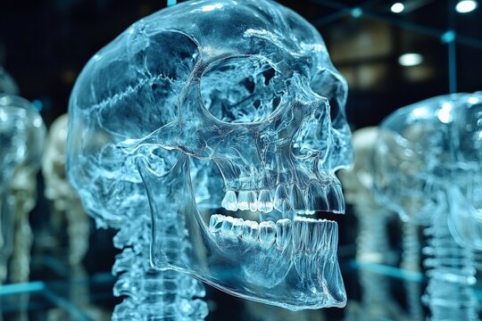 Detailed examination of a transparent skull displayed in a modern museum exhibit during a science event