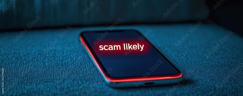 Aufkleber spam call phone security concept. mobile phone displaying a scam alert notification on a couch.