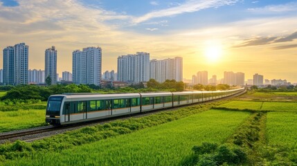 Obraz premium Sunset Train Ride: Modern Cityscape and Lush Green Fields