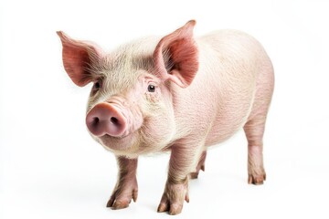 Adorable pink piglet poses against white background.