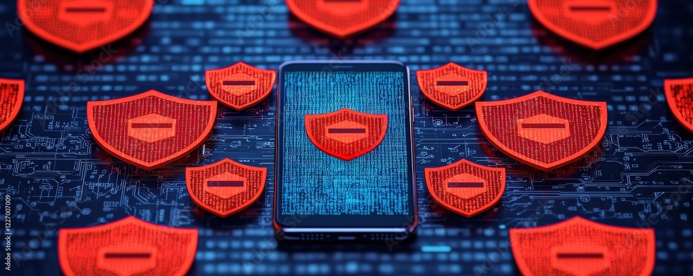 Poster spam call phone security concept. digital security concept with red shields on a blue background.