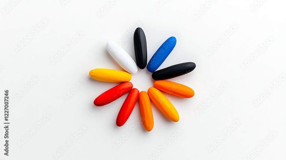 Poster colorful objects arranged in a circular pattern on white background