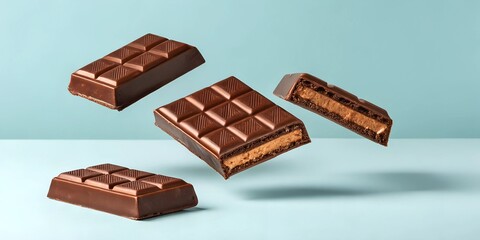 Rich chocolate bars with a creamy filling hover in mid-air, highlighting their smooth, glossy surface and decadent layers. A mouthwatering display of classic confectionery.