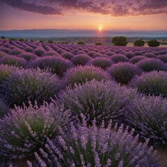 Obraz premium A breathtaking view of a lavender field at sunset, with soft purple hues stretching to the horizon.
