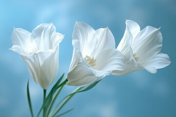 Obraz premium Elegant white flowers illuminated against a soft blue background showcasing delicate petals and graceful structure