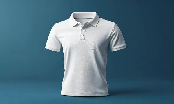 White polo shirt mockup, blue background, apparel design