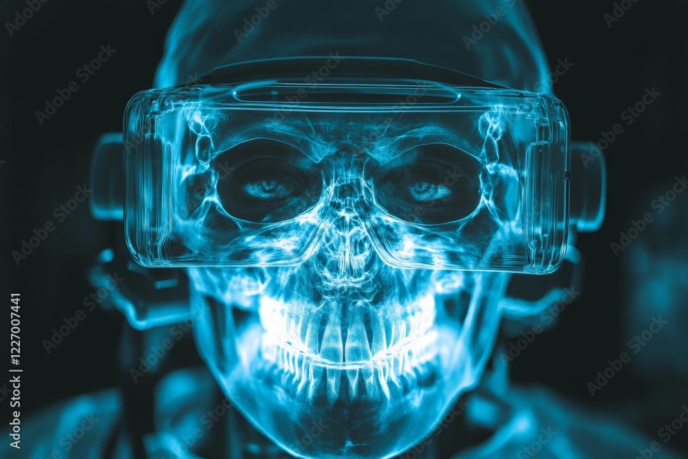 Aufkleber exploring virtual reality through a skeletal figure wearing high-tech goggles in a dark environment