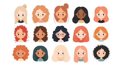 A collection of fifteen diverse cartoon girl avatars showcases a variety of hairstyles, skin tones, and hair colors, celebrating individuality and inclusivity.