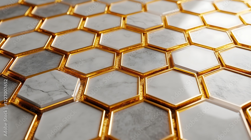 Poster 3d white and gold color hexagon tiles pattern shape background