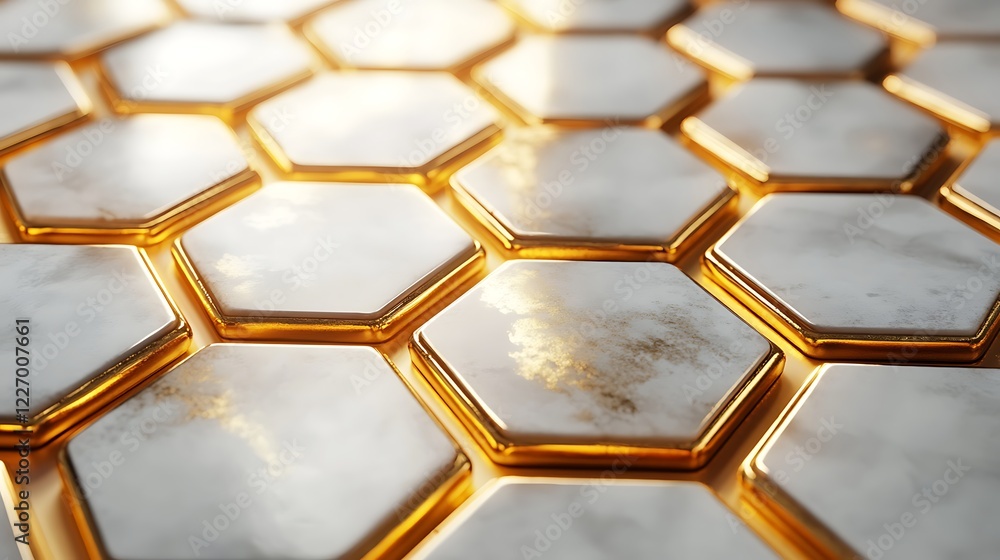 Poster 3d white and gold color hexagon tiles pattern shape background