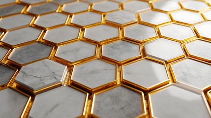 3D white and gold color hexagon tiles pattern shape background