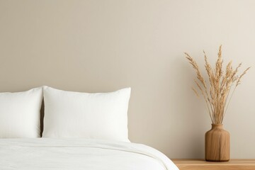 Cozy minimalist bedroom with a neutral palette, featuring a light colored bed, soft pillows, and a stylish vase with dried flowers for a warm, inviting atmosphere