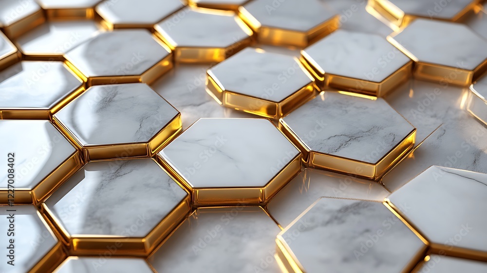 Poster 3d white and gold color hexagon tiles pattern shape background