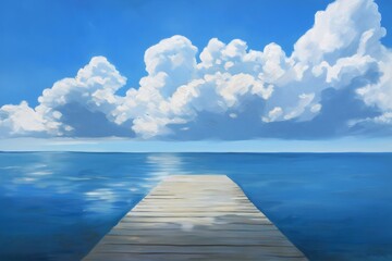 Fototapeta premium Wooden pier extending into a tranquil blue ocean beneath a vibrant sky dotted with fluffy white clouds, creating a serene and picturesque seascape