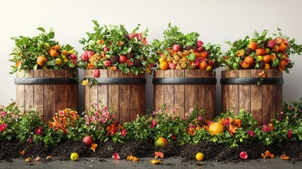 Realistic 3D Composting Bins Surrounded by Fresh Organic Waste on White Background