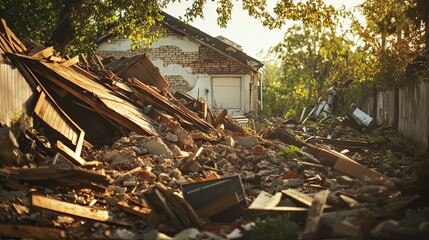 Collapsed garage roof after a storm, with debris being removed. picture