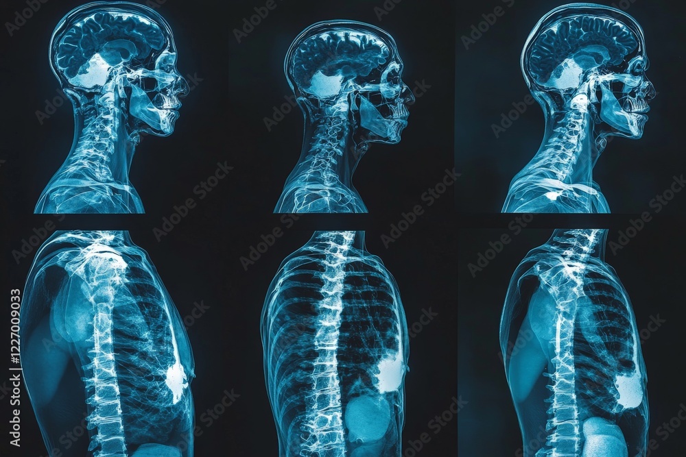 Poster detailed anatomical x-rays showing human skull, spine, and ribcage from multiple angles with emphasi
