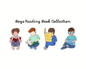Set of little boys reading a book on various style on white background