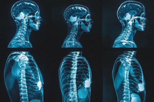 Detailed anatomical x-rays showing human skull, spine, and ribcage from multiple angles with emphasis on bone structure